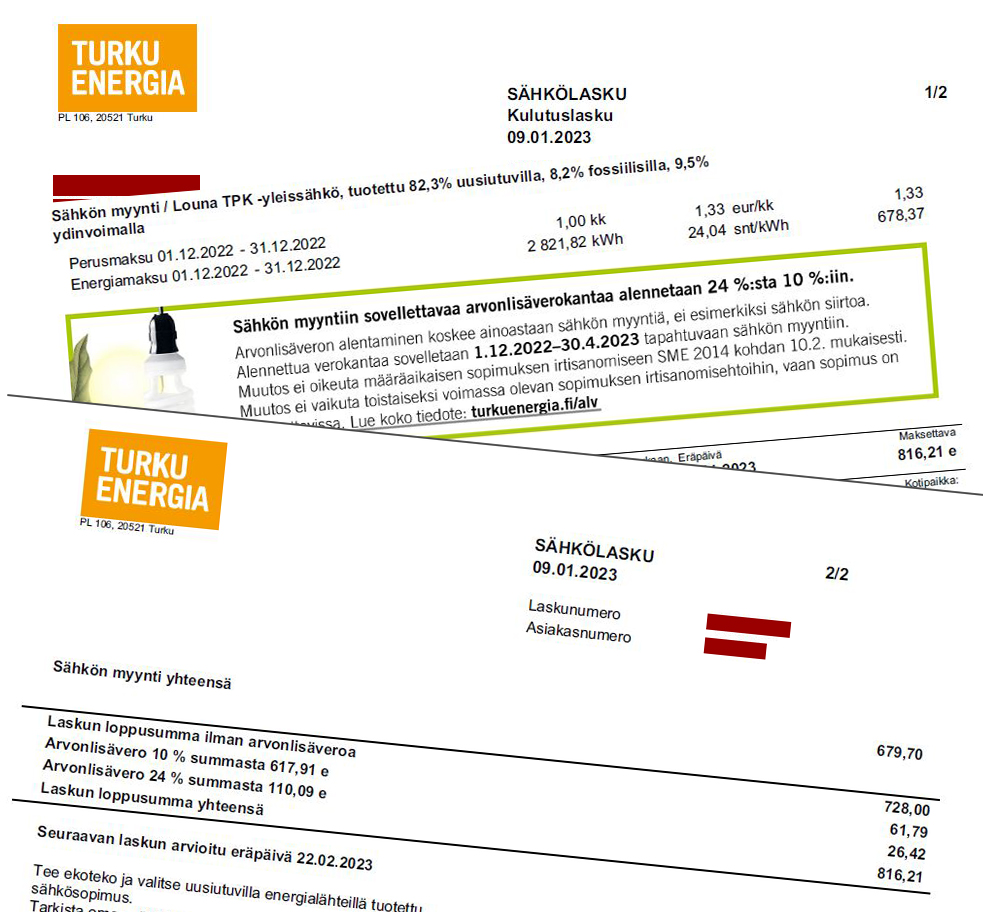 Turkulaisen sähkölasku joulukuulta 2022 oli yli 800 euroa.